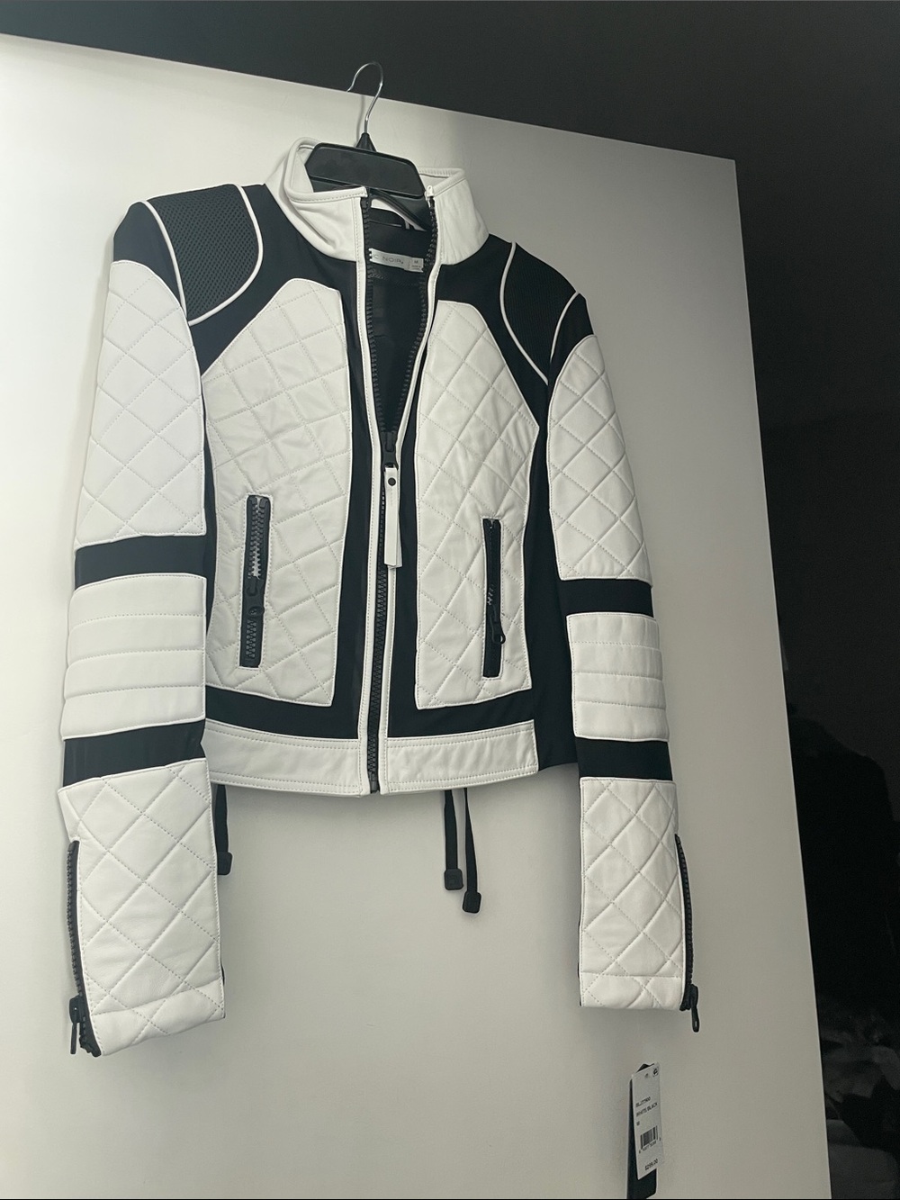 blanc noir White and Black Quilted Moto Leather Jacket